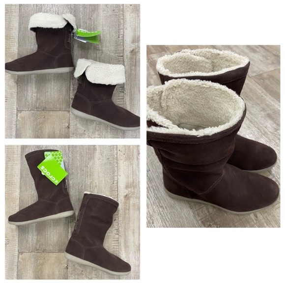 CROCS Adela mahogany khaki brown suede and ivory sherpa fold over boots 5 NIB - Picture 6 of 6